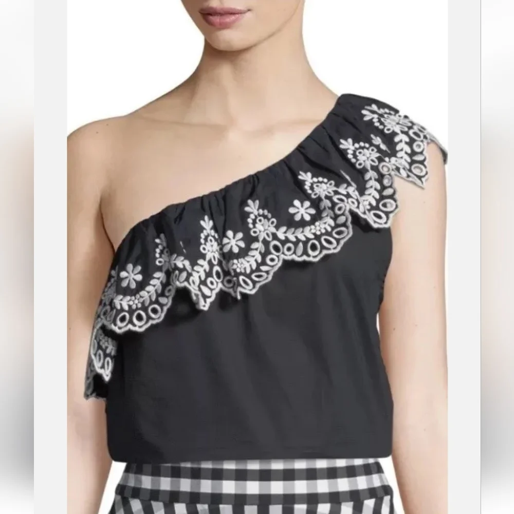 Kate Spade NY Women's Black White Eyelet Asymmetrical‎ Sleeveless Top Size XXS